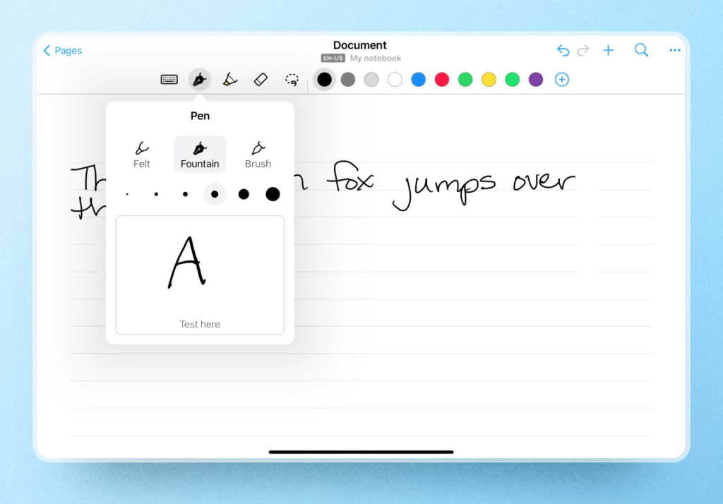 Interfaz de Nebo mostrando opciones de lápiz y texto escrito a mano en un iPad.