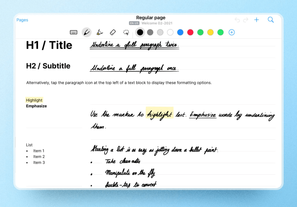 Interfaz de la aplicación mostrando funciones de edición de texto en iPad.
