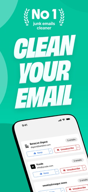 Pantalla de un teléfono mostrando la interfaz de Trimbox con opción para limpiar correos no deseados y texto que dice 'No 1 junk emails cleaner' y 'CLEAN YOUR EMAIL'.