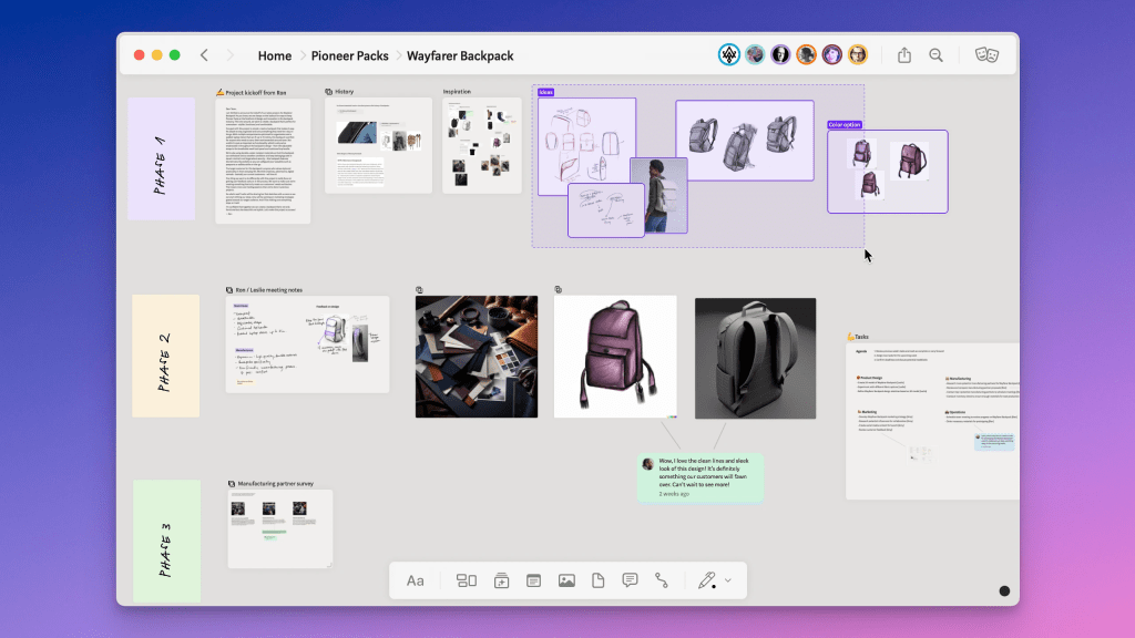 Interfaz de un tablero digital con notas, imágenes y bocetos organizados sobre un fondo degradado.
