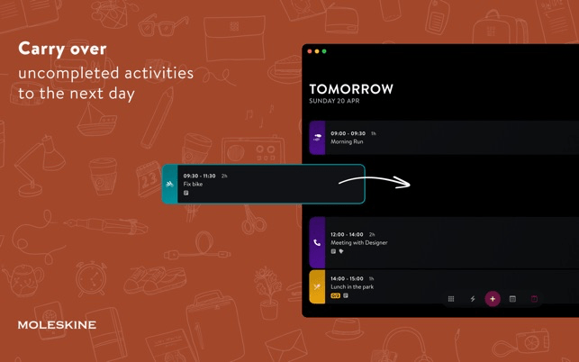 Pantalla de Moleskine Planner mostrando actividades programadas para el día siguiente.