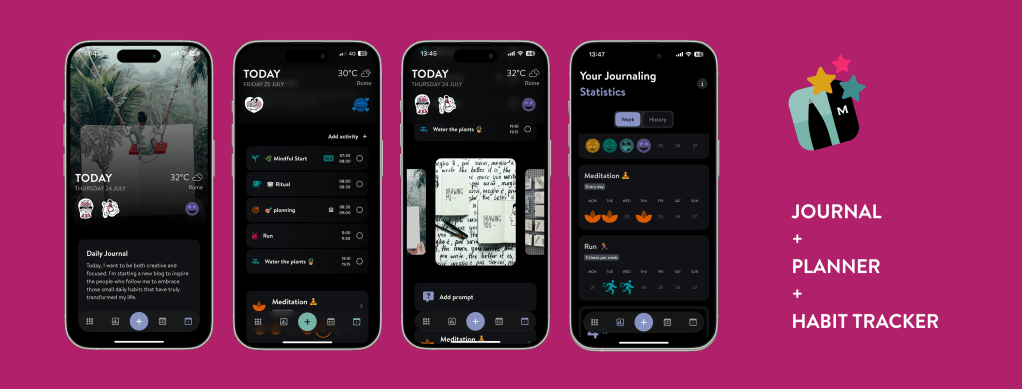 Interfaz de una aplicación en un iPhone mostrando un diario digital, un planificador y un rastreador de hábitos con fondo rosa.