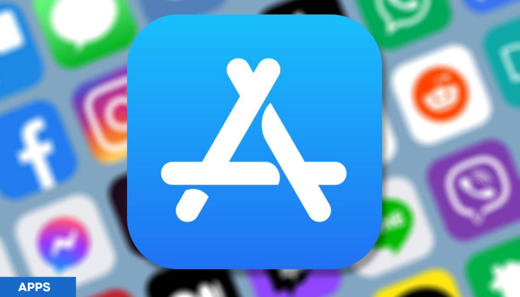 Icono de la App Store de iOS en un fondo con varias aplicaciones sociales.
