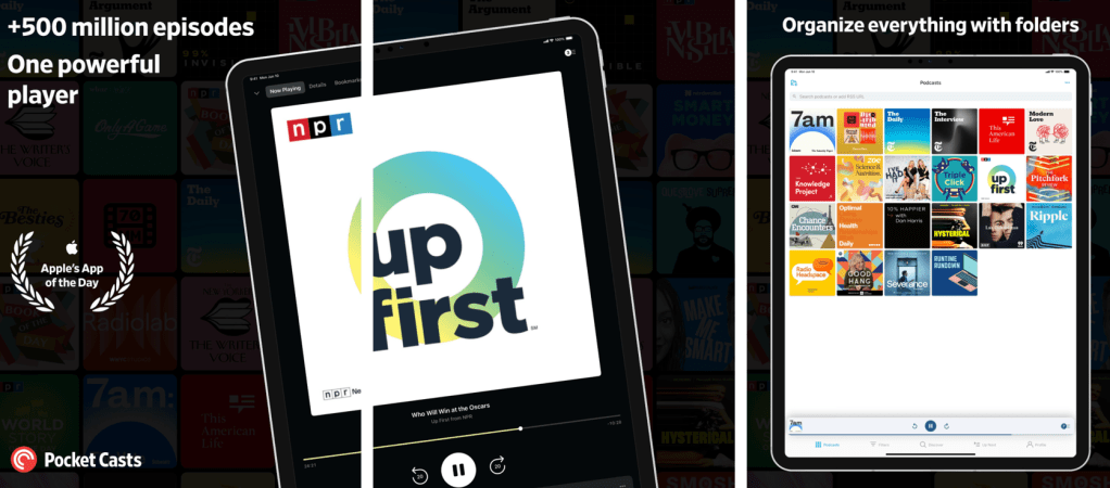 Interfaz de Pocket Casts mostrando el reproductor de podcasts, con información sobre episodios y opciones para organizar contenido en carpetas.