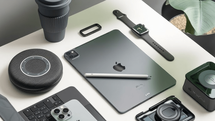 Imagen de un escritorio moderno con un iPad, un Apple Pencil, un reloj Apple, un altavoz y un teléfono móvil, rodeados de un café y otros dispositivos tecnológicos.