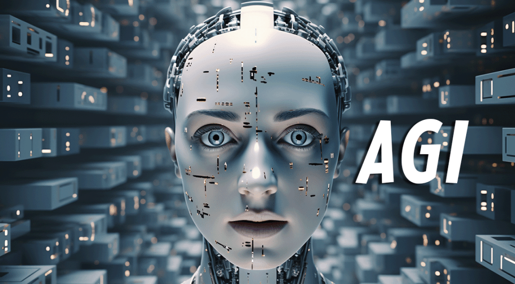 Una representación artística de un rostro humanoide con elementos tecnológicos, rodeado de elementos digitales que sugieren un ambiente de inteligencia artificial, con la palabra 'AGI' destacada en letras grandes.