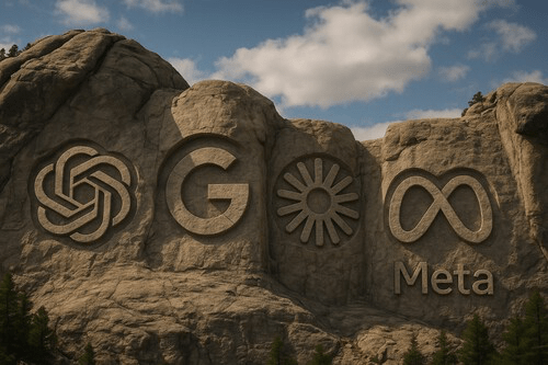 Escultura en roca que presenta los logotipos de OpenAI, Google, un símbolo que representa la inteligencia artificial y Meta.