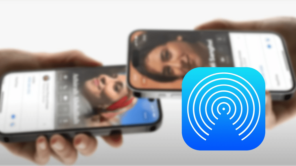 Imagen que muestra dos iPhones enviando archivos mediante AirDrop, con el logo de AirDrop en primer plano.