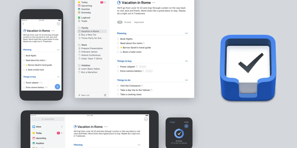 Interfaz de la aplicación Things 3 en un iPhone y un iPad, mostrando una lista de tareas y planificación para un viaje.