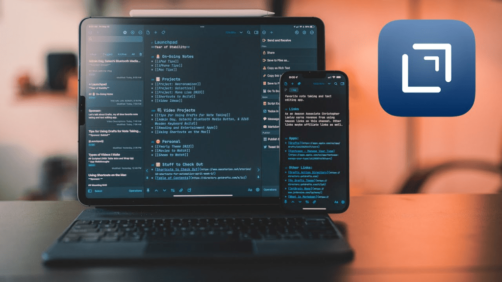 Un iPhone y un MacBook juntos en un escritorio con una aplicación de notas en pantalla, mostrando un entorno de trabajo productivo.