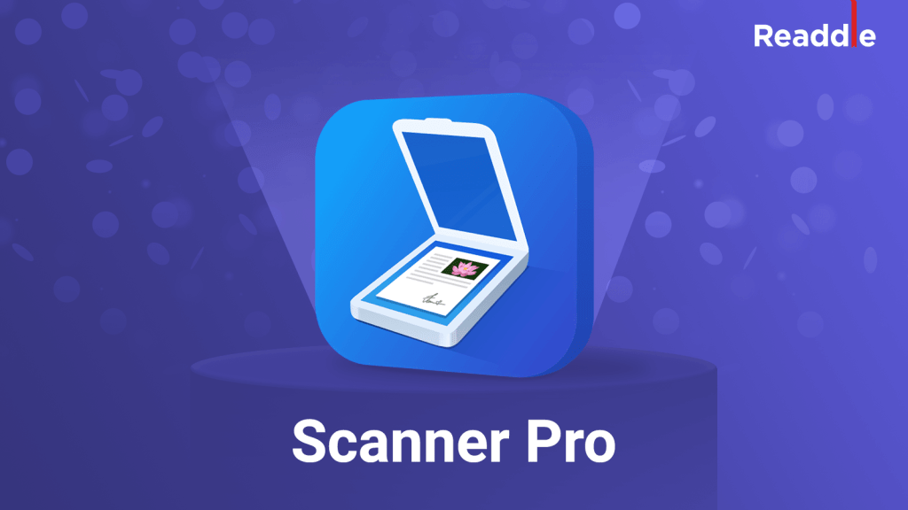 Icono de la aplicación Scanner Pro con fondo morado y texto que indica su nombre.