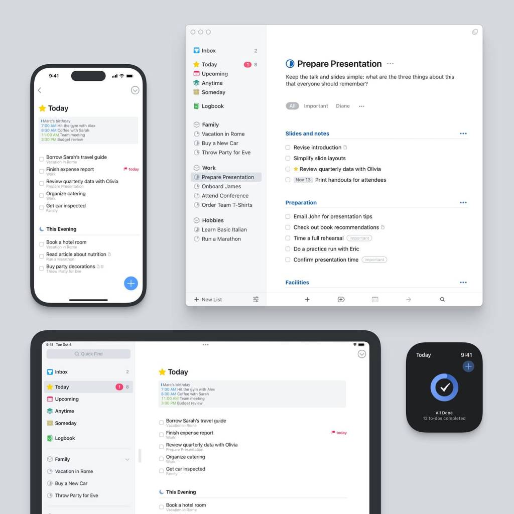 Imagen que muestra una interfaz de aplicaciones de organización y planificación, con una lista de tareas en un teléfono y una tablet, y detalles de una presentación en una computadora.