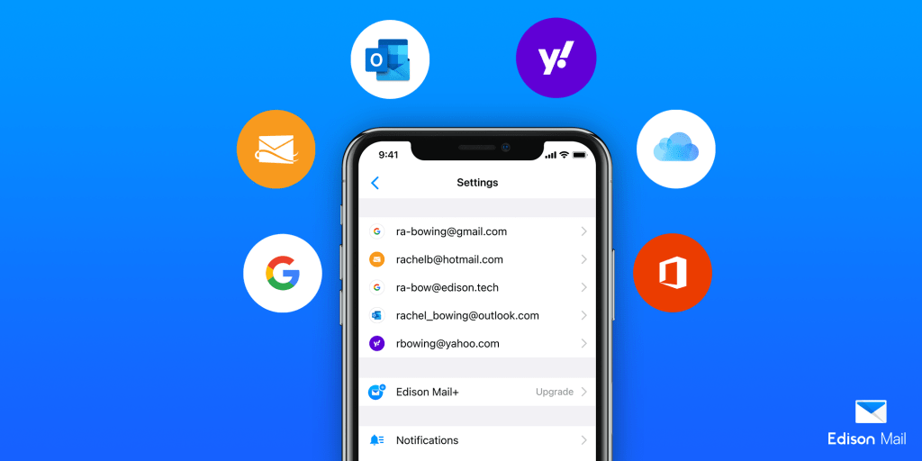 Imagen que muestra la pantalla de configuración de la aplicación Edison Mail en un teléfono móvil, con íconos de diferentes proveedores de correo electrónico como Google, Outlook, Yahoo y otros.
