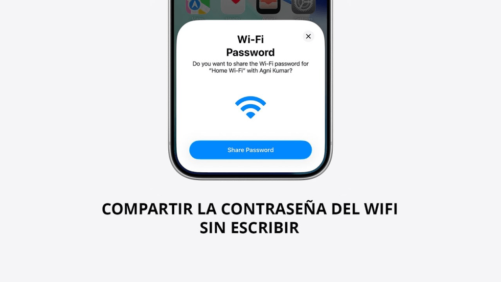 Interfaz de un iPhone mostrando un mensaje para compartir la contraseña de Wi-Fi sin necesidad de escribirla.