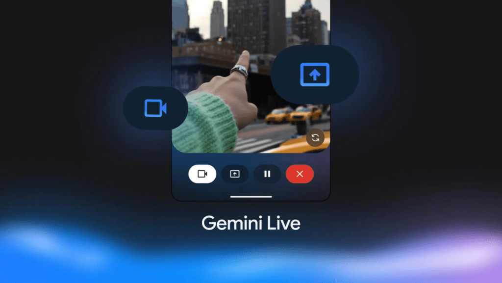 Interfaz de Gemini Live mostrando opciones de grabación y compartir video en un dispositivo móvil.