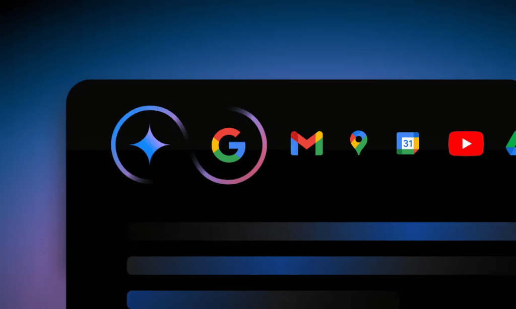 Iconos de aplicación de Google, incluyendo Gmail, Google Maps, Google Calendar y YouTube, sobre un fondo oscuro.