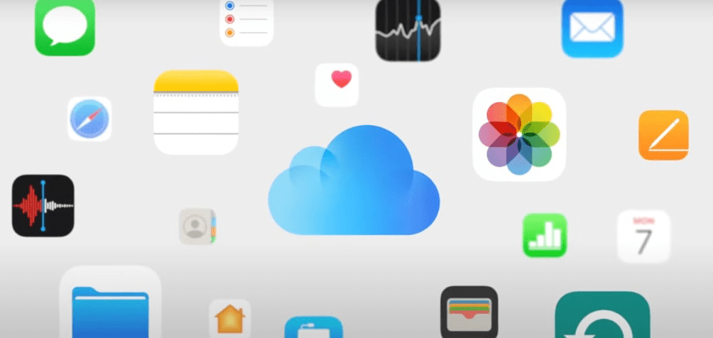Iconos de aplicaciones de Apple, incluyendo iMessage, Notas, iCloud y Fotos, sobre un fondo blanco.