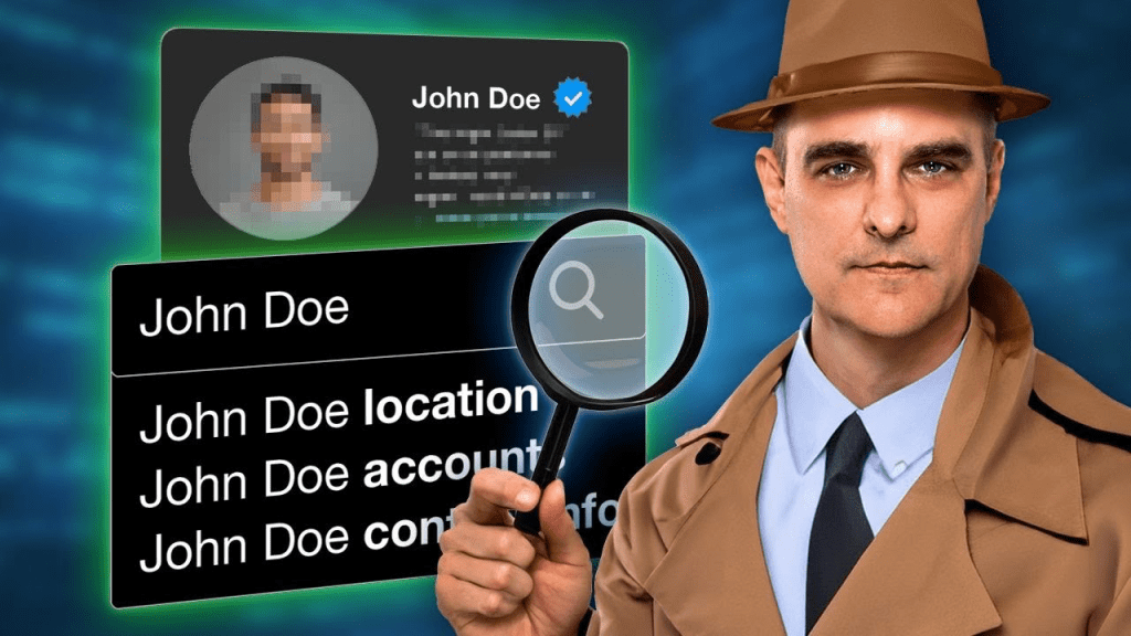 Un detective sosteniendo una lupa frente a una pantalla que muestra información de un usuario llamado John Doe, con detalles pixelados y en un fondo digital.