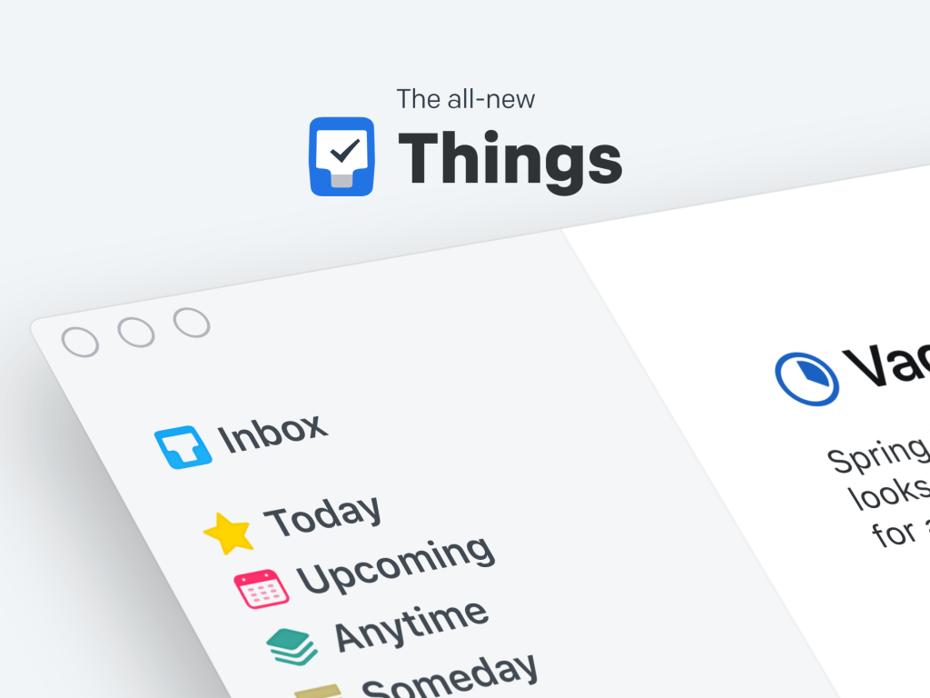 Interfaz de la nueva aplicación Things con secciones como Inbox, Today, Upcoming, Anytime y Someday.