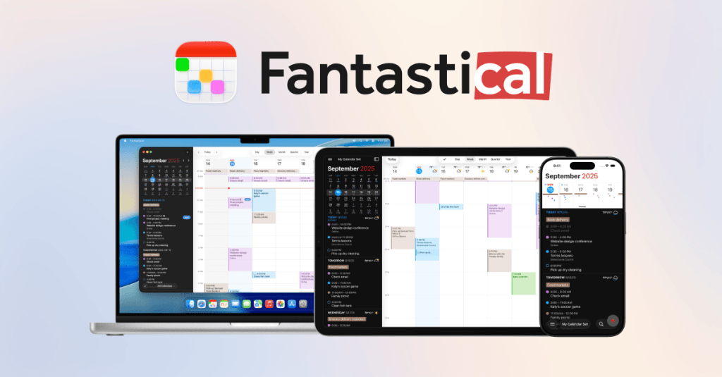 Captura de pantalla de la aplicación Fantastical mostrando calendarios en una computadora portátil, una tableta y un teléfono móvil.