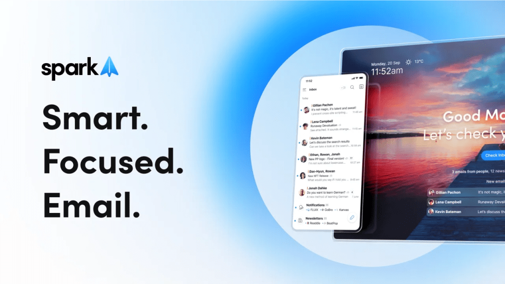 Imagen promocional de la aplicación Spark que muestra una bandeja de entrada y el mensaje 'Smart. Focused. Email.'