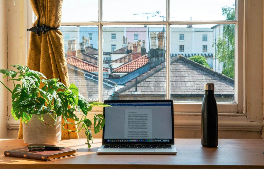Mesa con una planta, una laptop y una botella de agua, vista desde la ventana con techos de edificios al fondo.