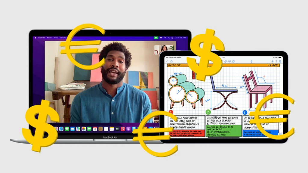 Una computadora portátil mostrando a un presentador y un iPad con diseño de muebles, con símbolos de euro y dólar superpuestos.