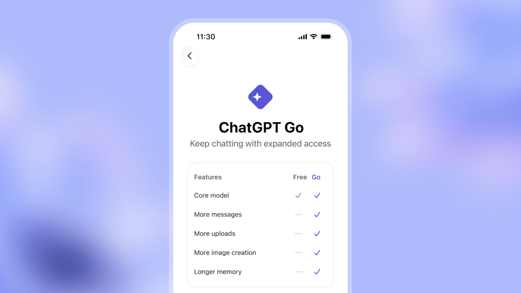 Interfaz de la aplicación ChatGPT Go que muestra características disponibles y opciones de acceso gratuito. Incluye funciones como modelo base, más mensajes, más cargas, creación de imágenes y memoria más larga.