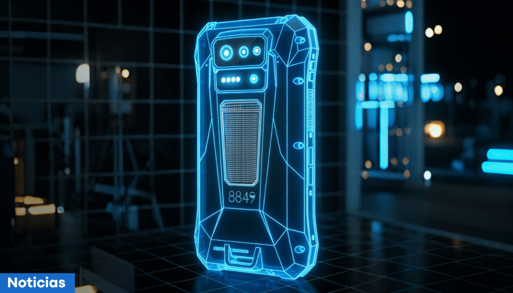 Imagen de un dispositivo móvil con un diseño futurista, representado en estilo holográfico, mostrando detalles como cámaras y una rejilla en la parte frontal.