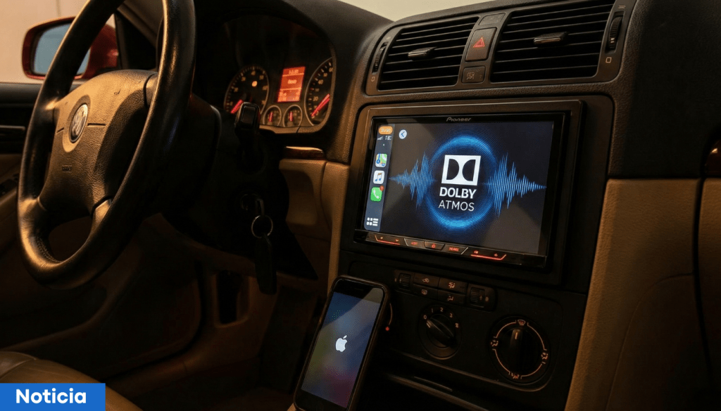 Interior de un coche con un sistema multimedia Pioneer que muestra la interfaz de Dolby Atmos en la pantalla.