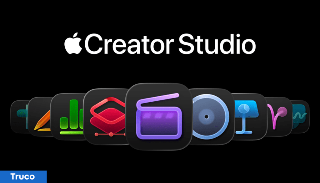 Logotipo de Apple Creator Studio con varios íconos de aplicaciones creativas sobre un fondo negro.