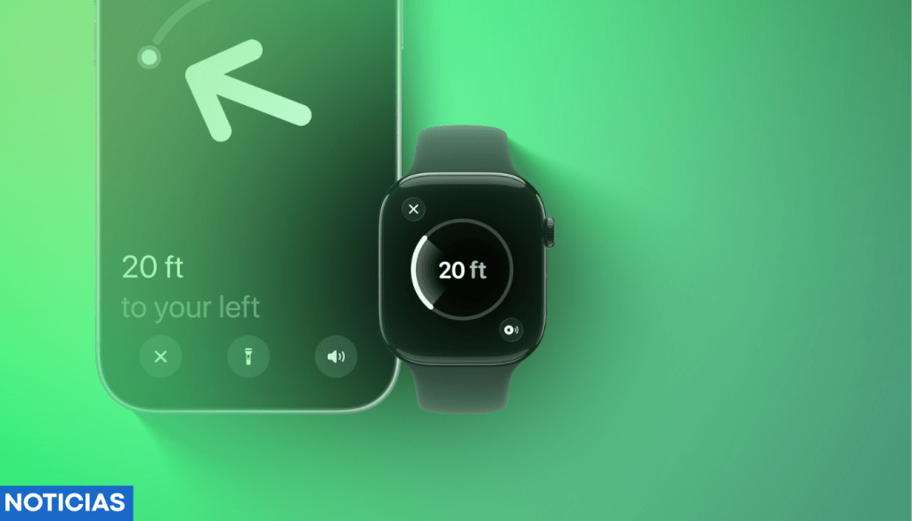 Un reloj inteligente y un teléfono móvil mostrando la distancia de 20 pies a la izquierda en un fondo verde.