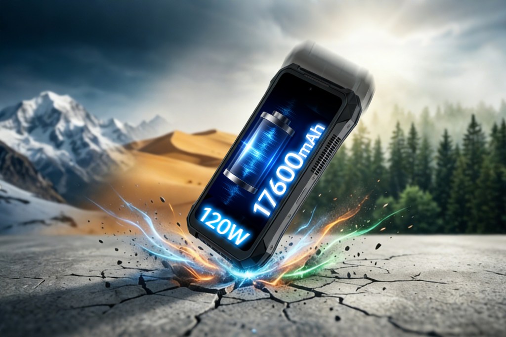 Imagen de un dispositivo con pantalla que muestra la capacidad de batería de 17600mAh y potencia de 120W, flotando sobre un fondo de desierto y montañas.