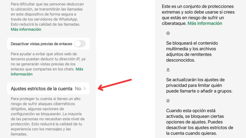 Pantalla de configuración de privacidad en WhatsApp, mostrando opciones para ajustar la visibilidad y seguridad de la cuenta.