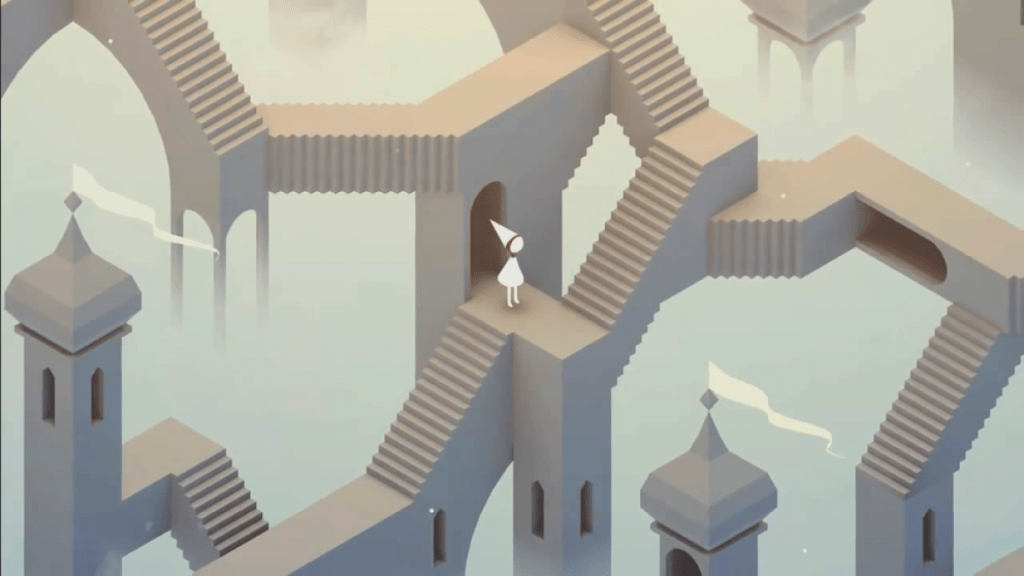 Una figura blanca de un personaje de videojuego de pie en una serie de escaleras y estructuras arquitectónicas en un entorno onírico.