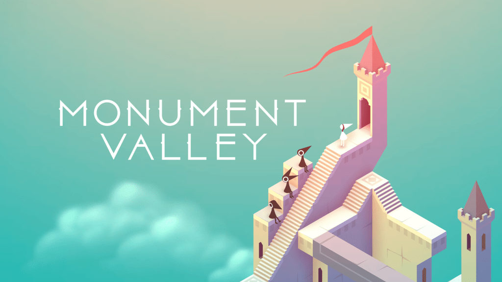 Logo del juego Monument Valley con diseño geométrico y personajes en un entorno surrealista.