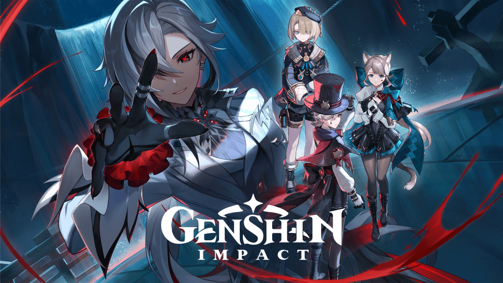 Grupo de personajes de Genshin Impact en un entorno oscuro y misterioso, con efectos de luces rojas y un diseño estilizado.