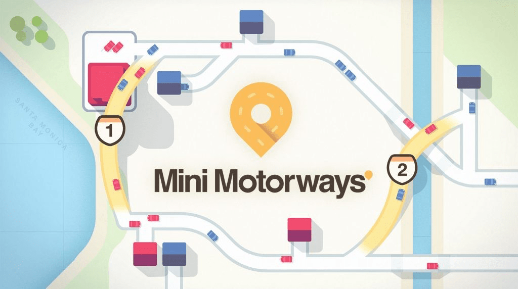 Mapa ilustrativo del juego Mini Motorways, con carreteras, vehículos y el logotipo del juego.