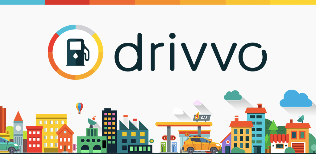 Logo de drivvo con ícono de bomba de gasolina y un paisaje urbano colorido de edificios y vehículos.