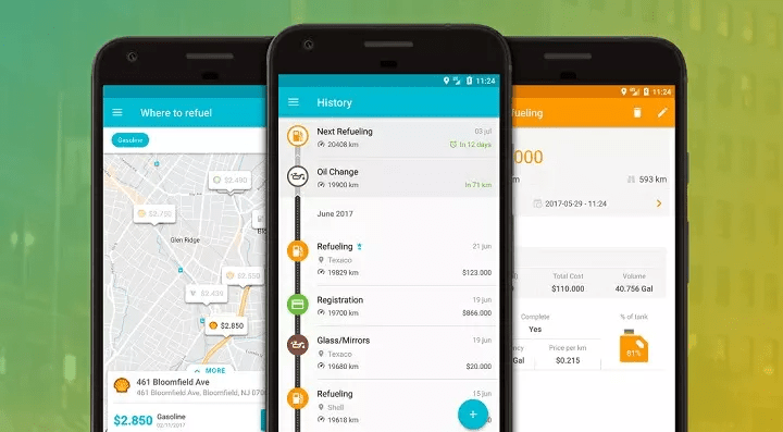 Tres teléfonos inteligentes mostrando una aplicación de gestión de combustible, con un mapa, historial de mantenimiento y detalles de abastecimiento.