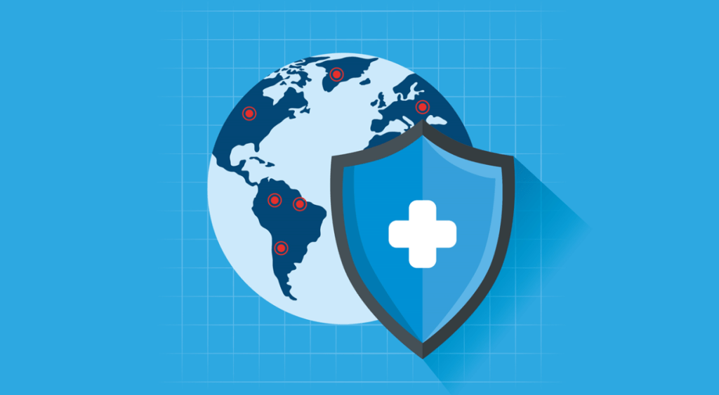 Globo terráqueo con un escudo de protección frente a un fondo azul, simbolizando seguridad y salud global.