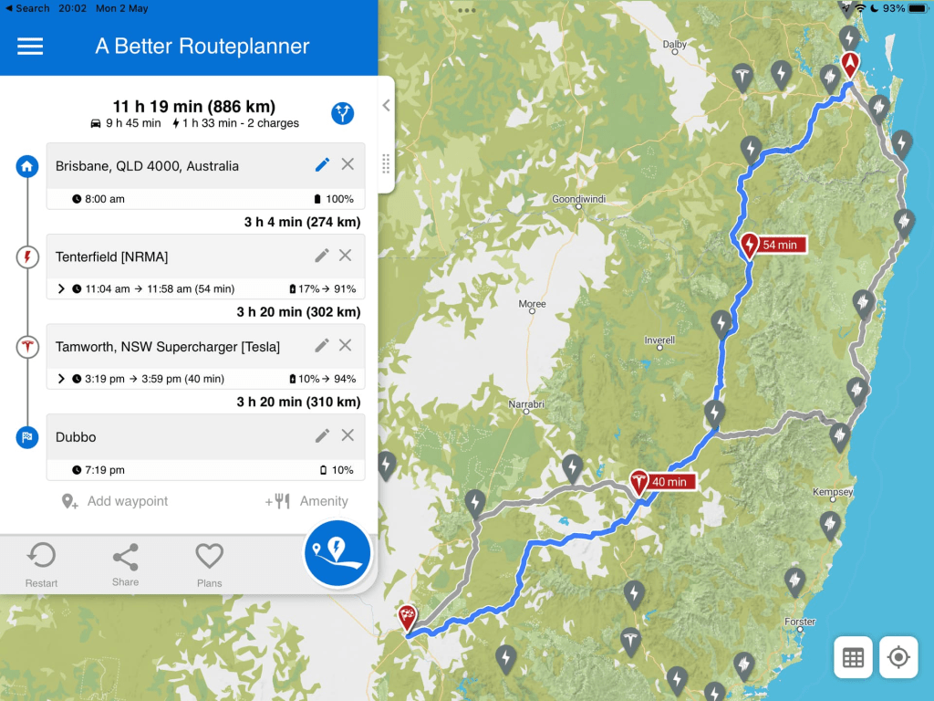 Mapa de ruta mostrando un viaje desde Brisbane hasta Dubbo, con detalles sobre paradas y tiempos de carga en estaciones específicas.