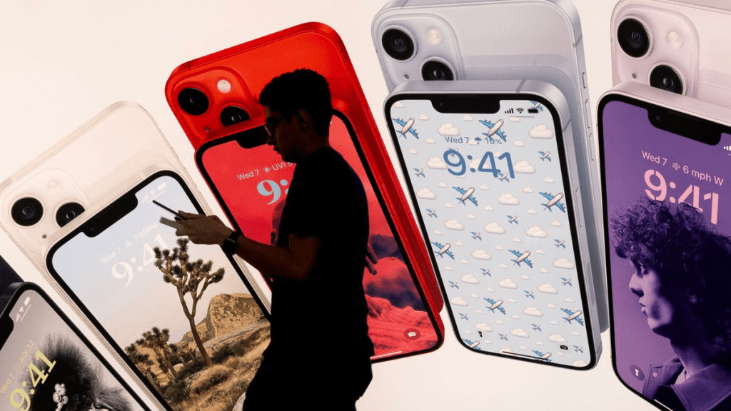 Silhouette de una persona frente a un fondo con varios teléfonos móviles de diferentes colores y fondos de pantalla, mostrando la hora 9:41.