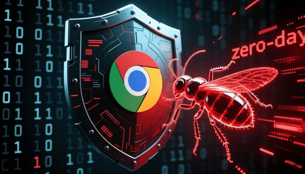 Un escudo con el logo de Google Chrome, acompañado de un insecto rojo que simboliza una vulnerabilidad de tipo 'zero-day', con código binario de fondo.