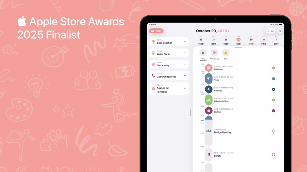 Pantalla de un iPad mostrando un calendario para el 29 de octubre de 2025, con tareas y eventos programados. Incluye la mención 'Apple Store Awards 2025 Finalist'.