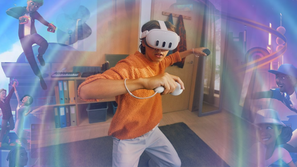 Un niño usando un visor de realidad virtual mientras juega, con gráficos de personajes animados y un entorno colorido de fantasía alrededor de él.