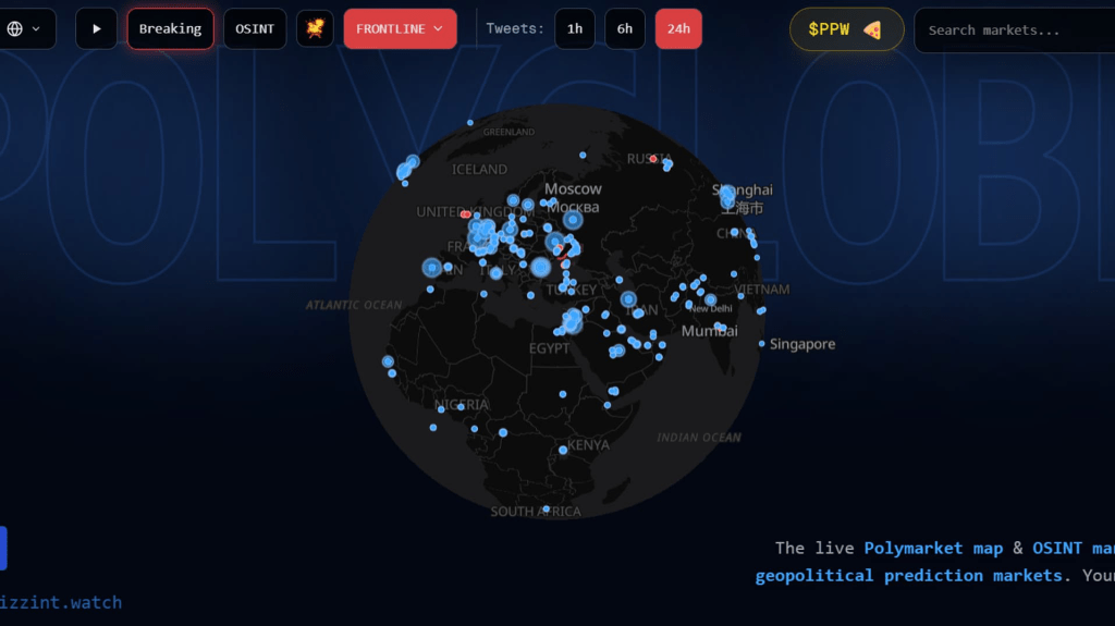 Mapa interactivo de Polymarket que muestra mercados de predicción geopolítica en todo el mundo, con marcadores que indican diversas ubicaciones.
