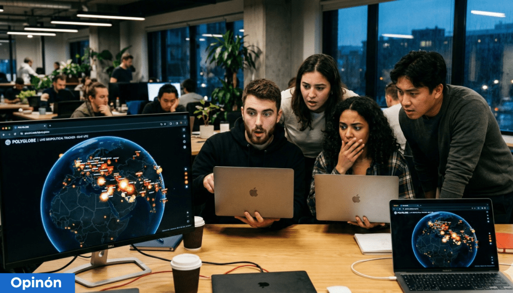 Grupo de cuatro personas observando con atención dos computadoras portátiles y una pantalla grande que muestra un mapa mundial con datos geopolíticos en una oficina moderna.