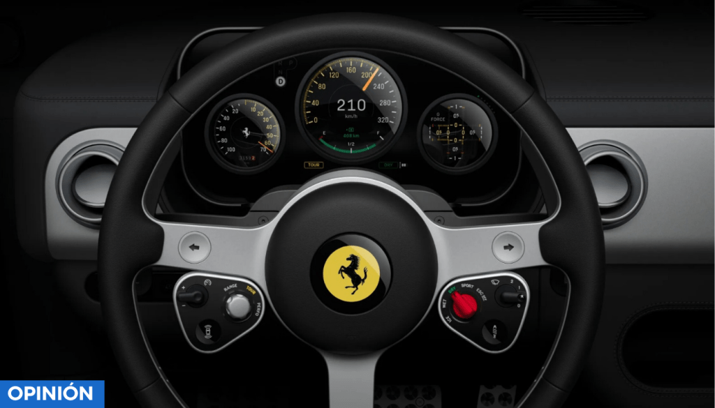 Volante de automóvil Ferrari con indicadores de velocidad y rendimiento en el panel de instrumentos detrás.
