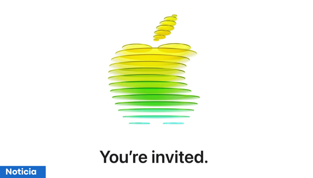Logo de manzana en tonos amarillos y verdes con el texto 'You're invited.' debajo.